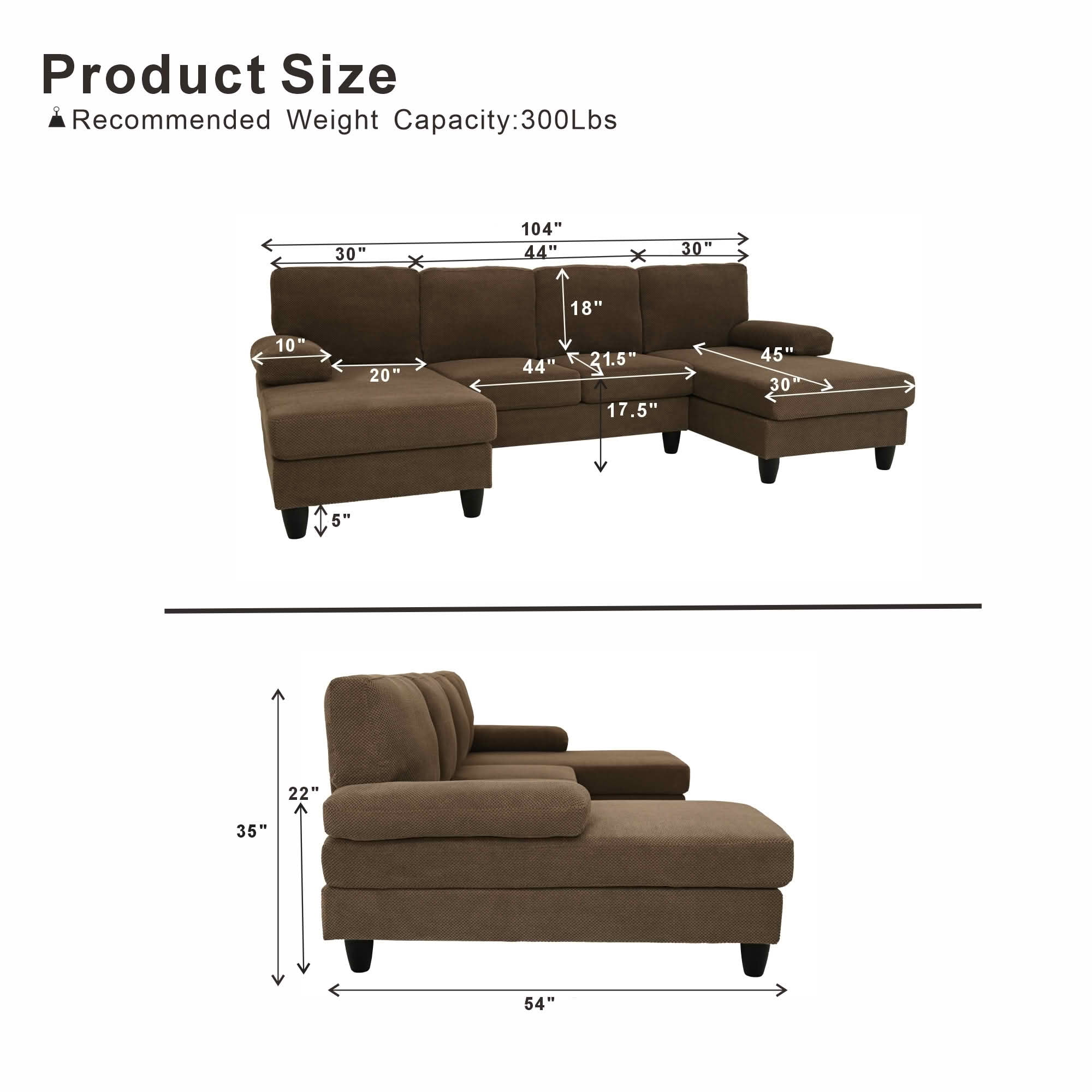 MAYEERTY 104" U‑Shaped Sectional Sofa, Nubby Textured Upholstery Couch with Dual Chaise & Plush Upholstered Armrests, Modern Living Room Furniture