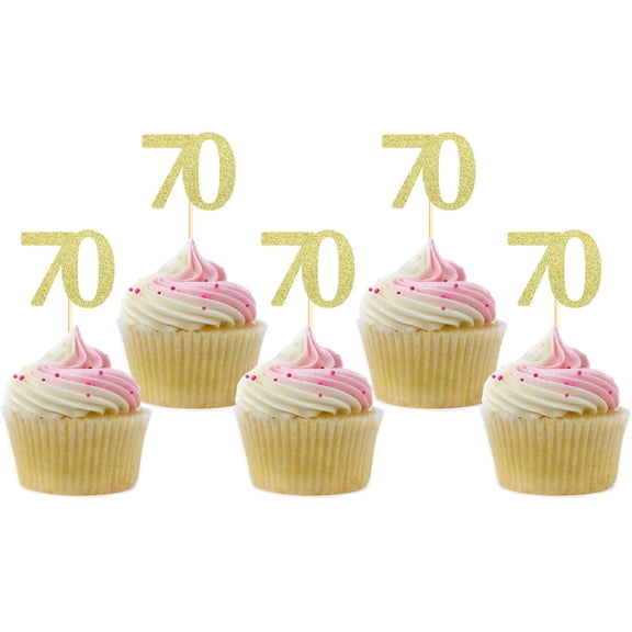 Gold Glitter 70th Birthday Cupcake Toppers, Cheers to 70 Years Party Picks, Anniversary Decorations, 12 Pack