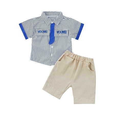 

Suanret Toddler Baby Boys Gentleman Clothes Short Sleeve Striped Print Button Down T-Shirt Top Shorts Summer Outfits White 1-2 Years