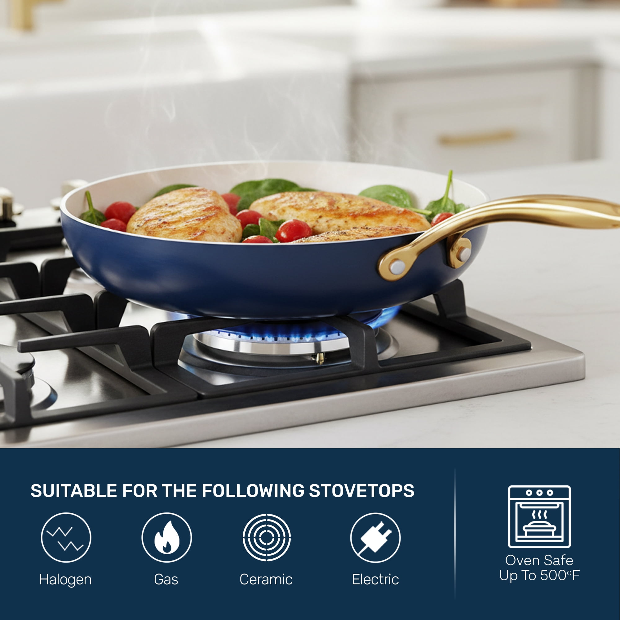 Gotham Steel 12 Inch Non Stick Frying Pans Large Nonstick Cooking Pan, Nonstick Skillet, Non Stick Pan, Ceramic Pan Dishwasher Safe, Navy/Cream