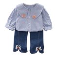 thumbnail image 2 of Odeerbi 1-5 Años Conjunto de Algodón Para Niña Cuello Peter Pan Camisa Manga Larga Vaqueros Conjunto de Dos Piezas Cuello de Flor Camisa Pajarita Pantalones Vaqueros, 2 of 7