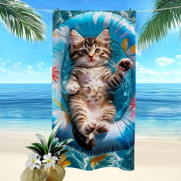 Cute Kitten on Inflatable Floater Beach Towel_ Fun in the Sun! Suitable for towels, bath towels, beach towels
