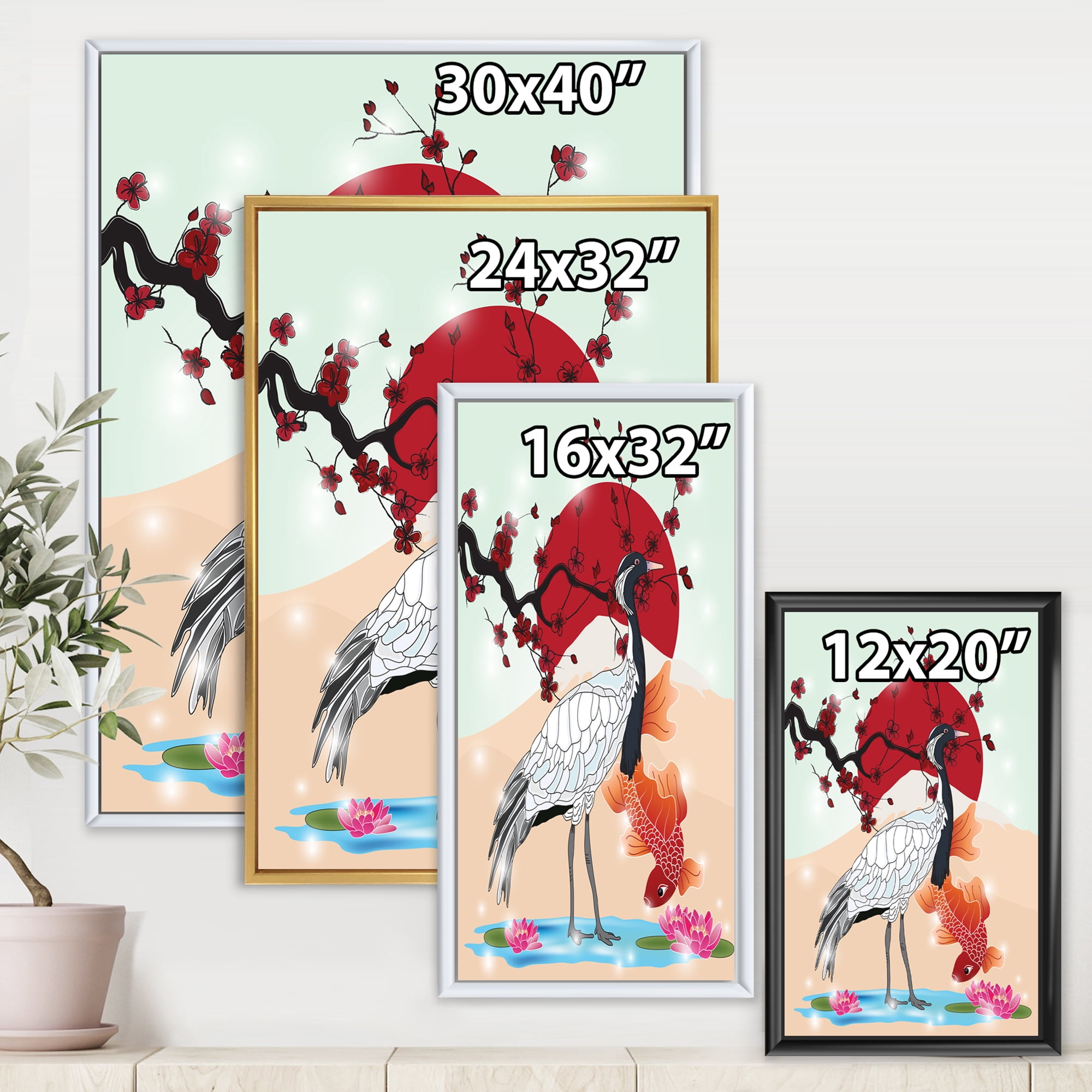 Designart 'Koi Fish With Crane Bird' Farmhouse Framed Canvas Wall Art Print