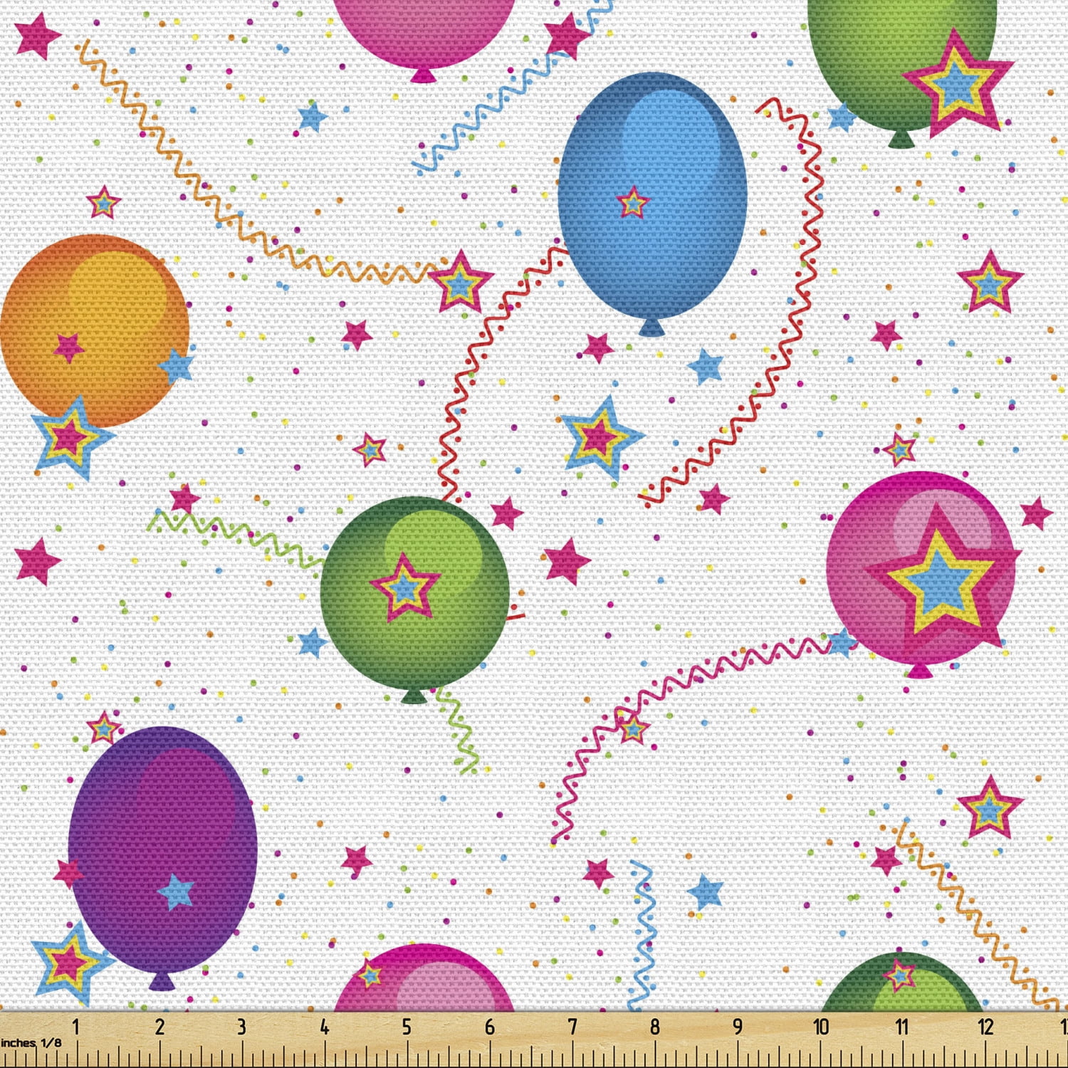 Birthday Fabric by the Yard, Vibrant Colored Flying Balloons with Stars
