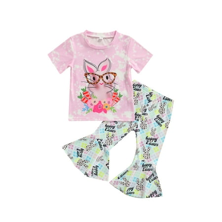 

Suanret 2Pcs Kids Baby Girls Easter Days Clothes Sets Rabbit Printed Short Sleeve T-Shirts Floral Flare Pants Pink 3-4 Years
