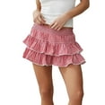 thumbnail image 2 of Yunliwuli Womens Tiered Ruffled Short Skirts Plaid Print Smocked Waist Lacy Trim Cute Mini Skirts, 2 of 8