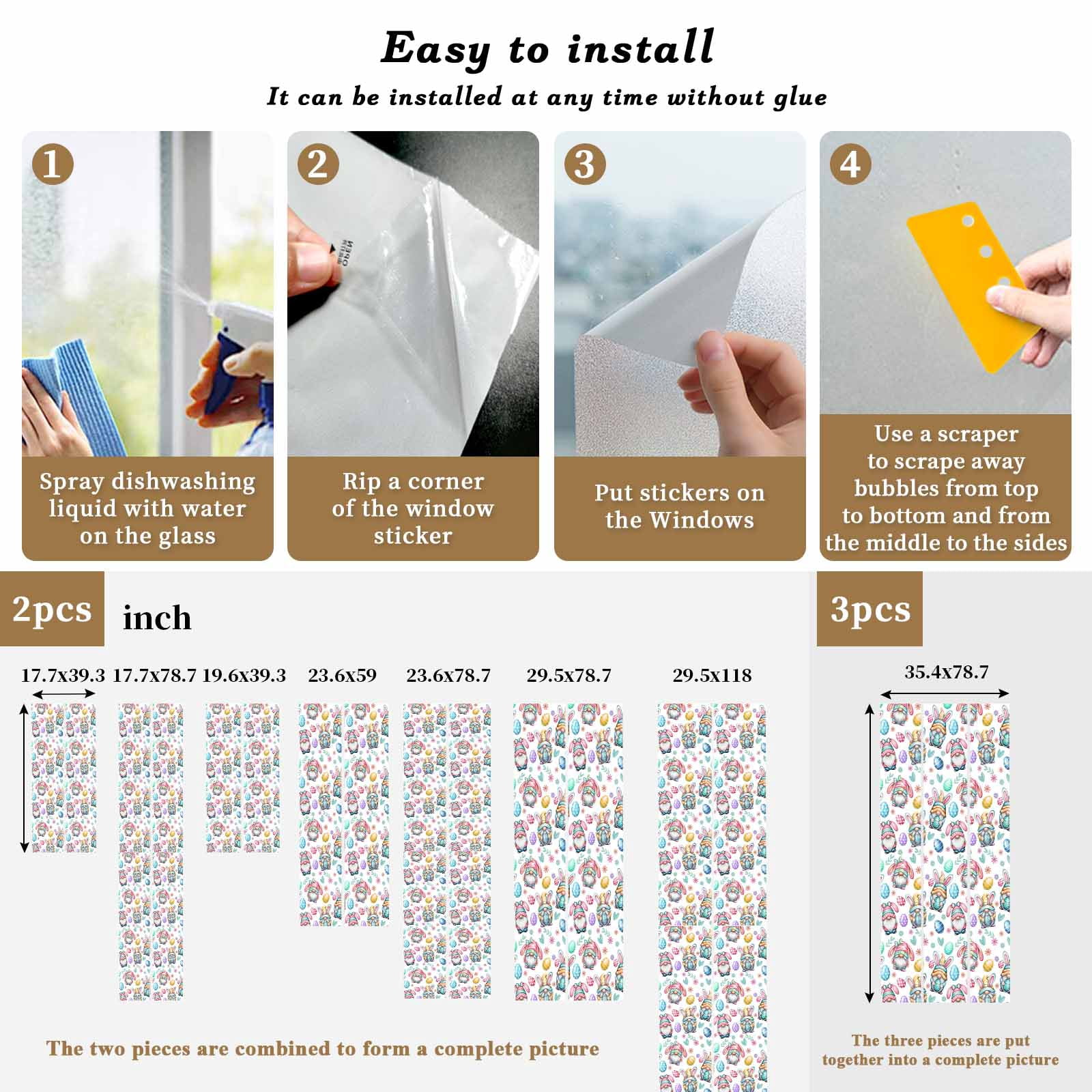 Easter Gnomes Window Privacy Film, Watercolor Easter Eggs Rabbit Ears Gnomes Frosted Glass Window Clings Static Cling UV Heat Blocking Reusable Door Sticker for Bathroom 23.6 x 78.7 Inch