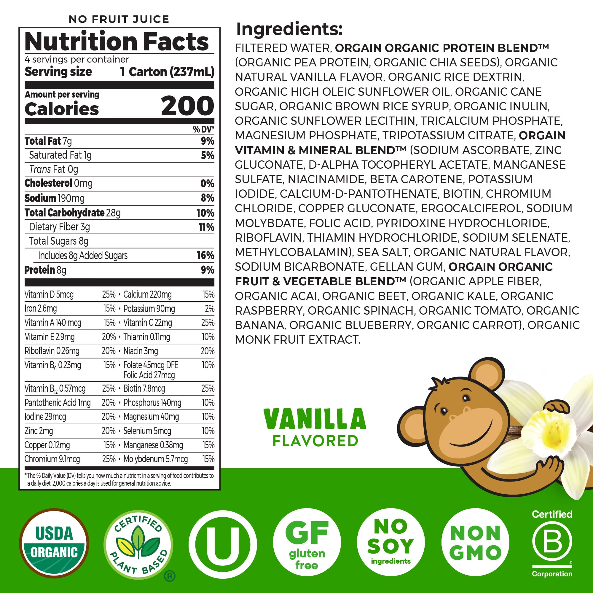 Orgain Organic Kids Vegan Nutritional Shake, 23 Vitamins & Minerals, Vanilla, 8 fl. oz, 4ct