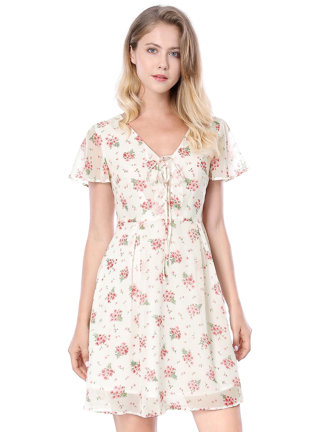 DARING DIVA Floral Flouncing Sleeve V Neck A-Line Chiffon Dress  XL White