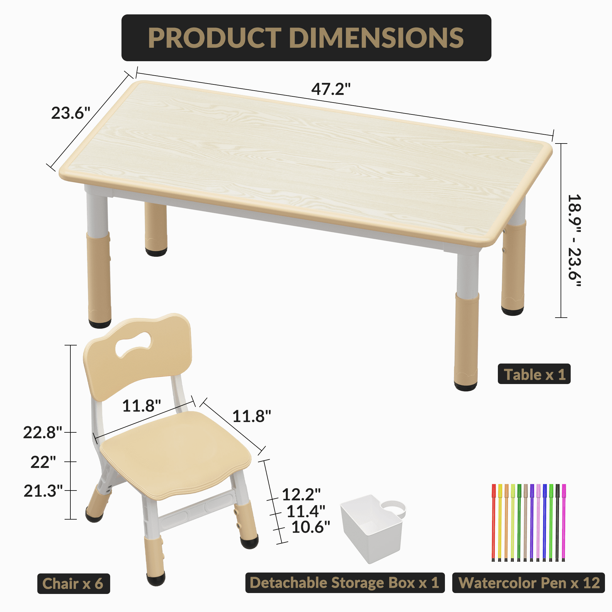 Kids Table and 6 Chair Set with Storage Box, Height Adjustable Toddler Table and Chairs Set for Ages 2-10, Graffiti Desktop, Non-Slip Legs, Children Activity Table for Daycare Classroom Home