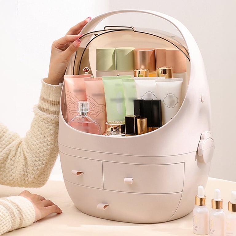 Egg-Shaped Makeup Organizer With Lid - Large Skincare & Cosmetic Storage Box With Handle, 3 Compartments For Vanity, Bathroom, Or Travel (Pink) 1 thumbnail image
