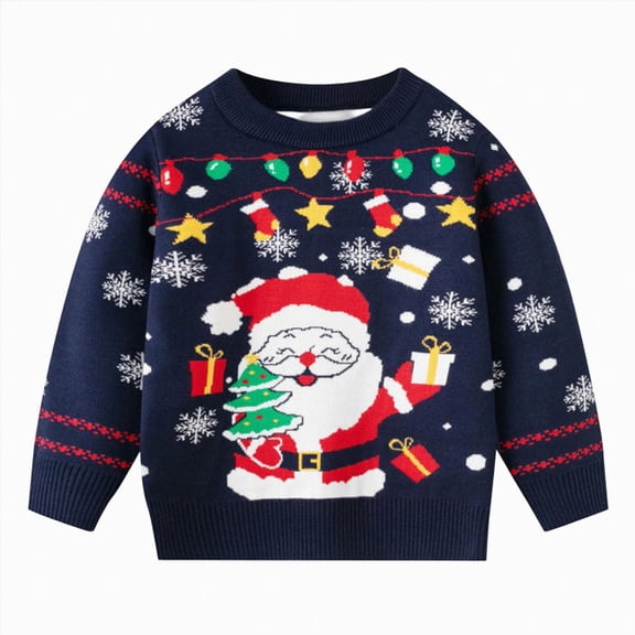 Toddler Boys Christmas Holiday Knit Pullover Sweater, Festive Reindeer Santa Gingerbread Graphic Crewneck Top 3-4 Years
