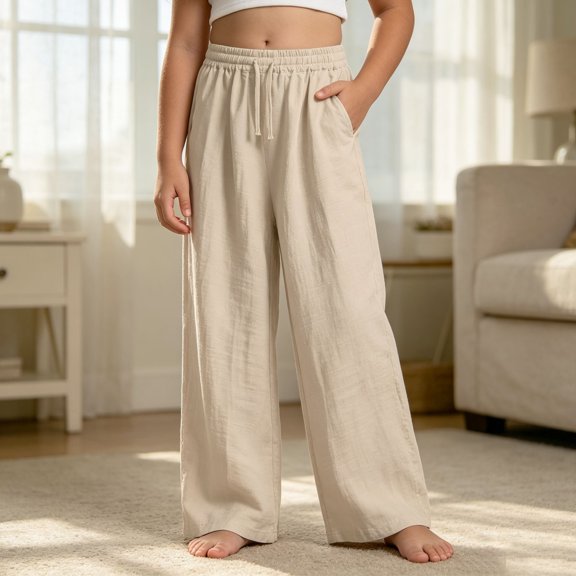 OSOLU Girls Pants Drawstring Elastic Waist Side Pockets Solid Color Wide Leg Casual Trousers Beige