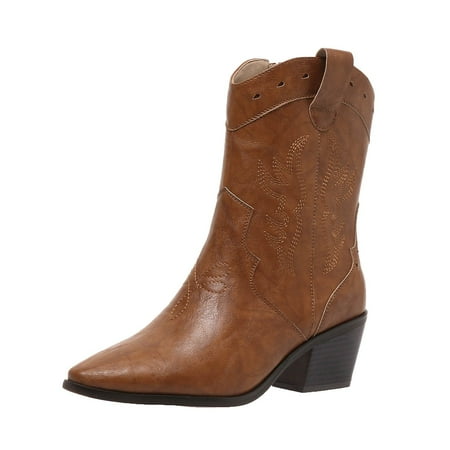 DVKOVI Women Casual Shoes Cowgirl Boots Mid Calf Women High Heel Boots Fashion Vintage Western Denim Pointed Toe Thick Heel Square Heel Comfortable Heel Boots for Women Brown 11