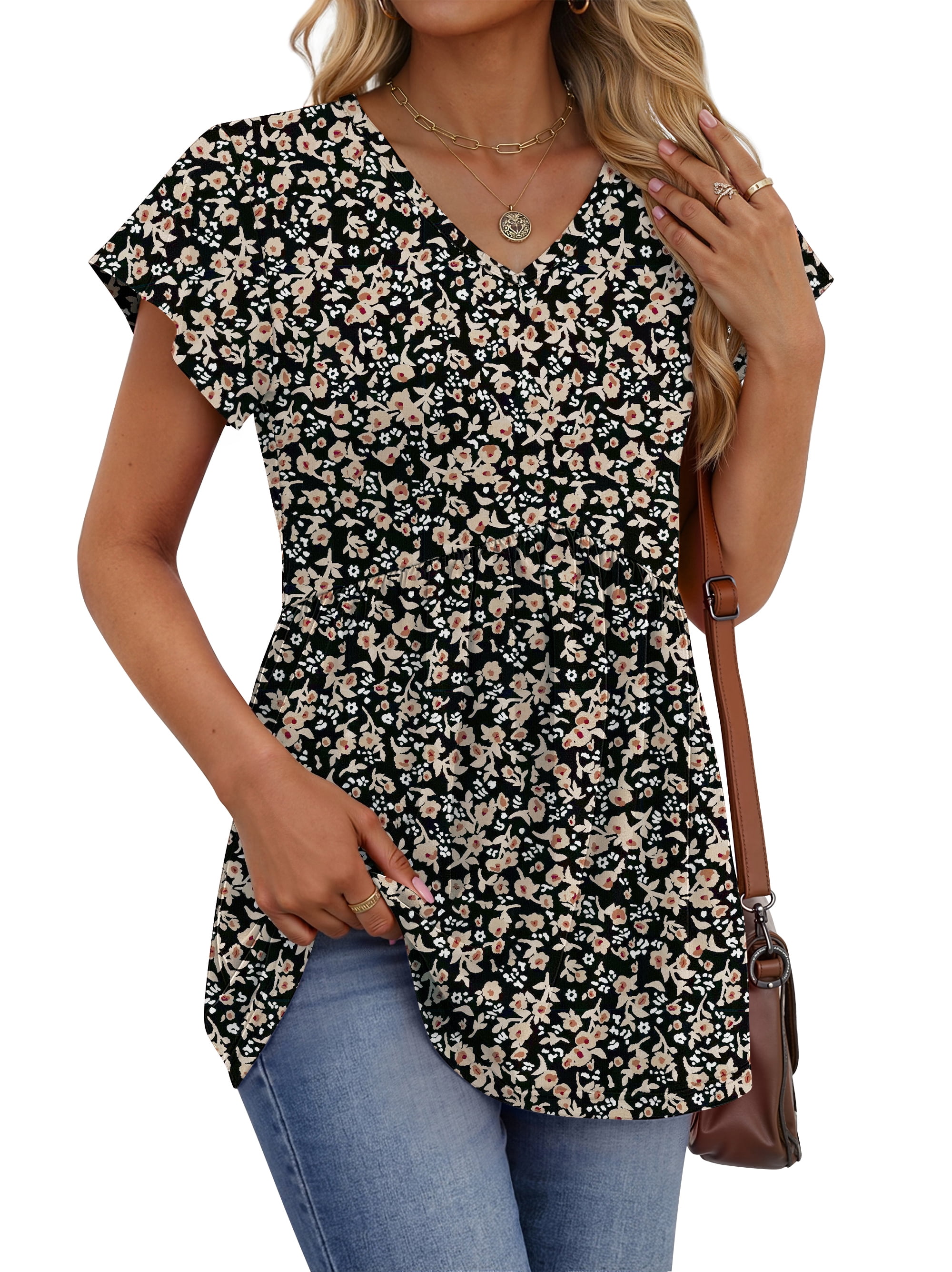 Fantaslook Womens Tops V Neck Short Sleeve Summer Shirts Babydoll Peplum Tops Tunic Dressy Casual Blouses