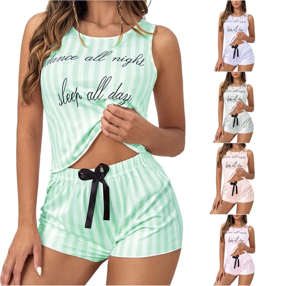 SONXAHE Letter Stripe Print Pajama Sets for Women Sleeveless Tank Top Short Pant Sleepwear