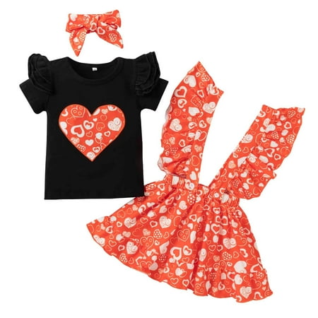 

Baby Girl Clothes Valentine s Day Ruffle T-Shirt Tops Suspender Skirt Bowknot Princess Toddler Outfit