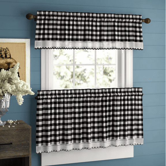 Country Farmhouse Complete 3 Pc. Plaid Checkered Café Kitchen Curtain Tier & Valance Set - Assorted Colors & Sizes