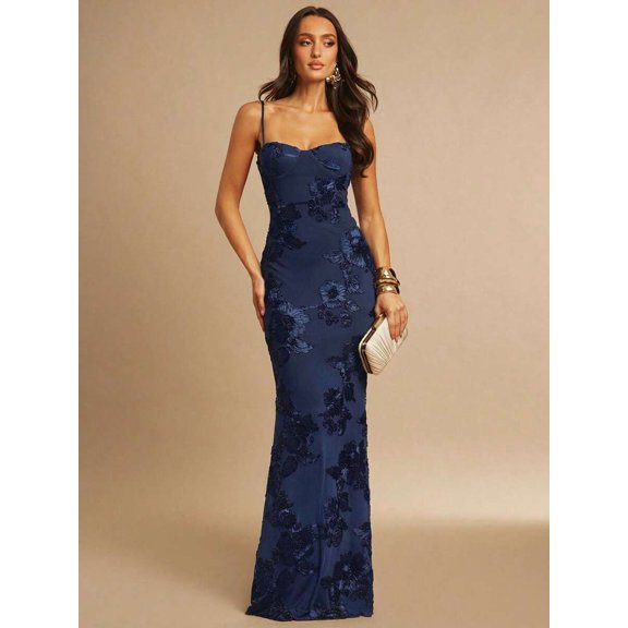 Navy Blue 3D Floral Embroidered Bodycon Slip Maxi Dress For Women