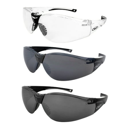 

3 Pairs Cruisin Safety Glasses Clear Frame + Clear Lens Black Frame + Smoke Lens Black Frame + Flash Mirror Lens