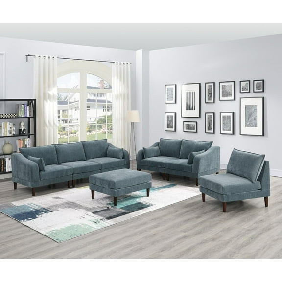Living Room Classic 7pc Modular Sofa set 4x Corner Wedge 2x Armless Chair 2x Ottoman Mineral Morgan Fabric Cushion Couch