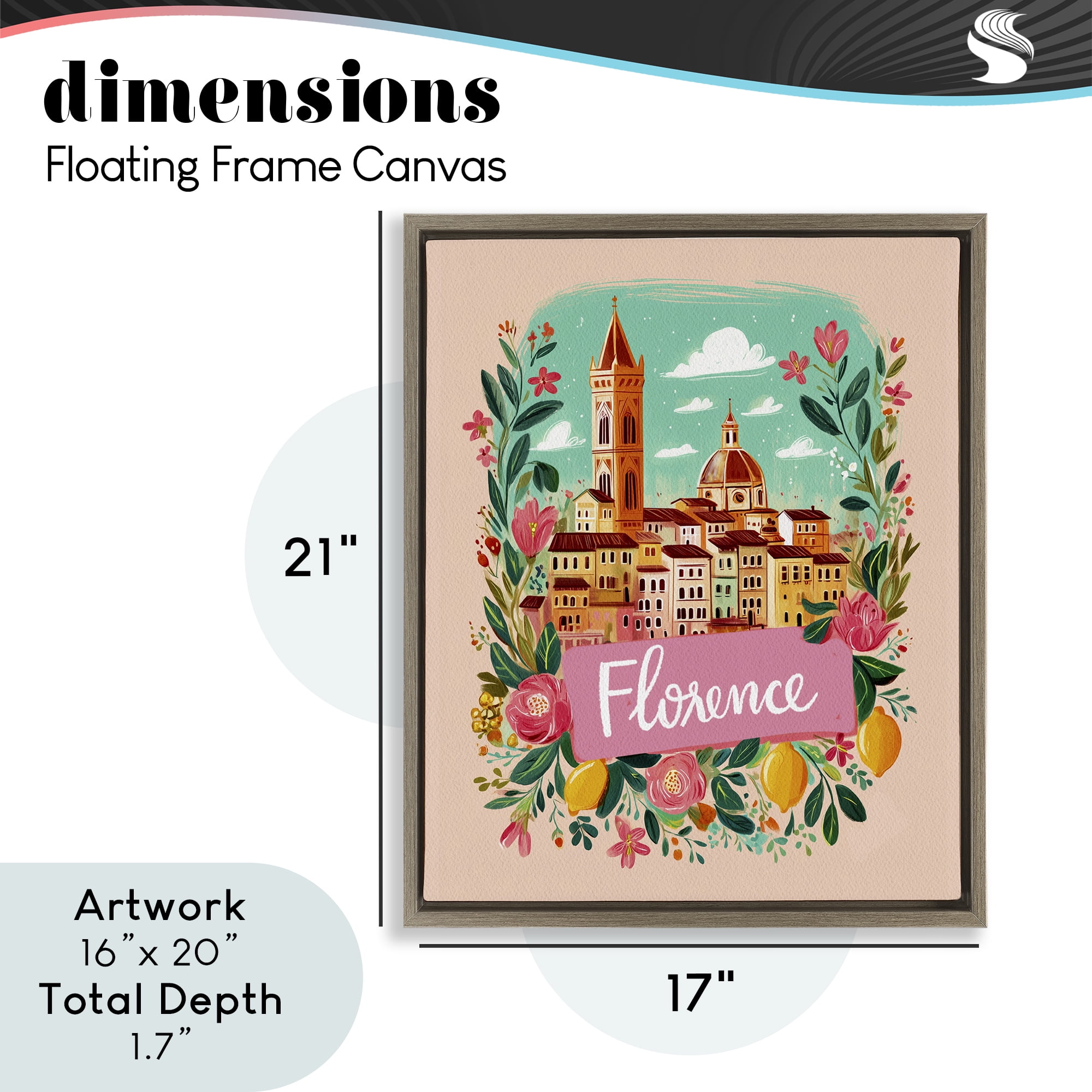 Floral Bordered Florence Brown Framed Floater Canvas Wall Art, design by Yen