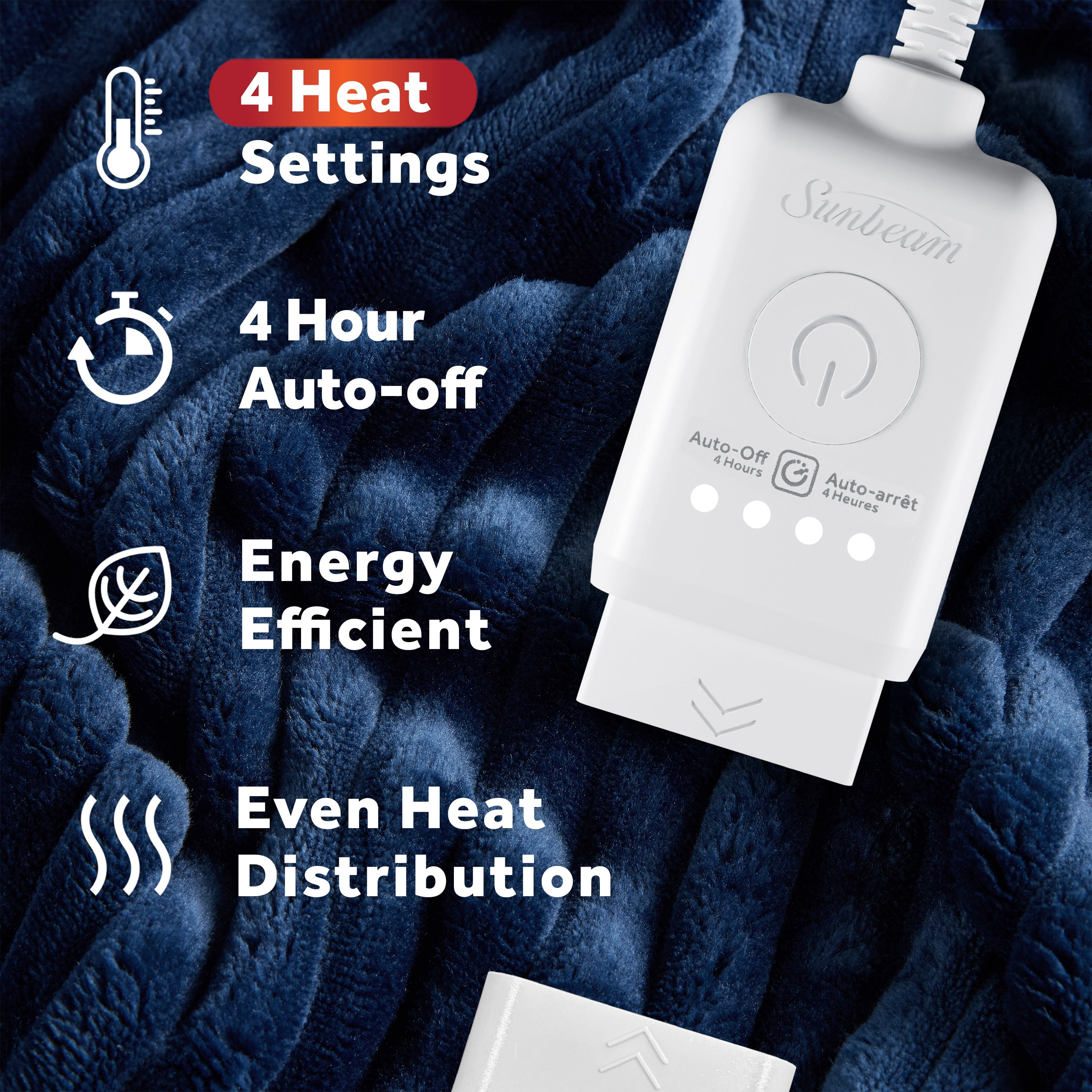 Jeté chauffant extra long en velours côtelé bleu intense quatre réglages de chaleur, arrêt automatique, 127 cm x 177,8 cm (50 po x 70 po) SUNBEAM JETE CHAUFFANT
