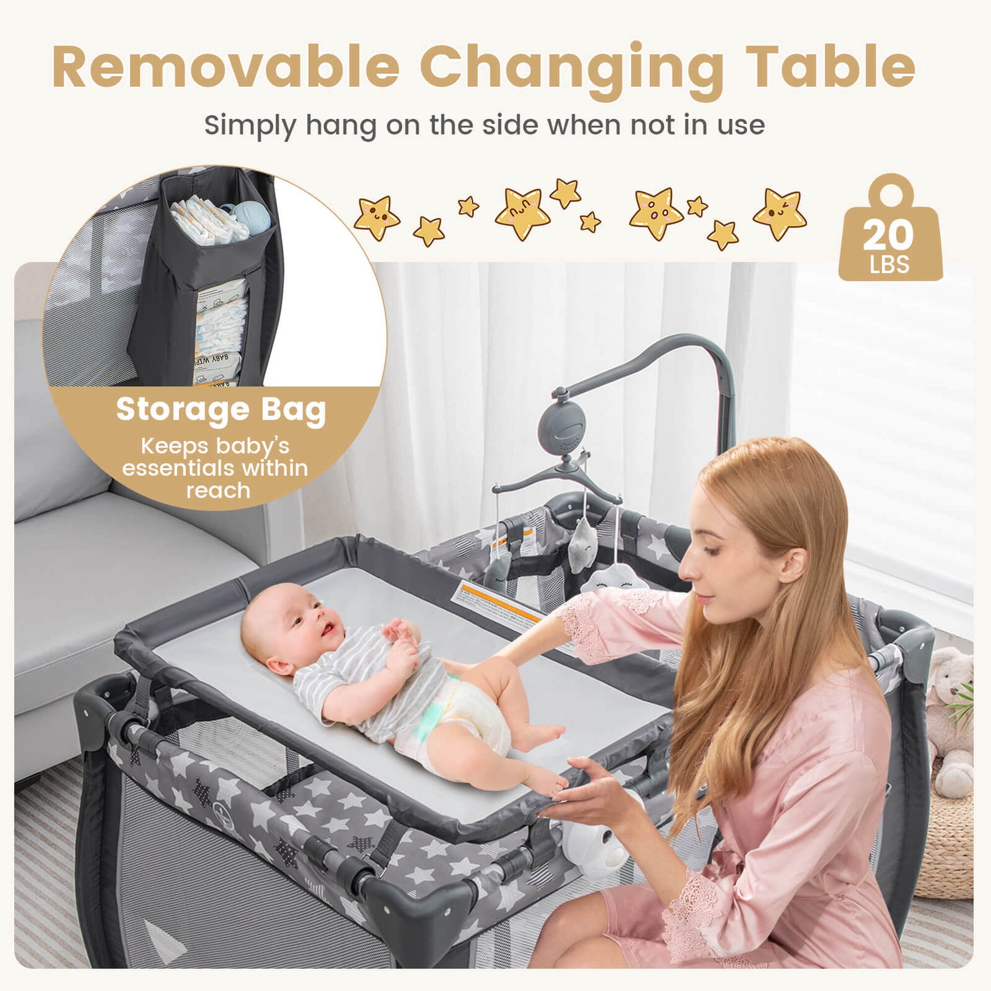 Costway Portable Baby Playard Nursery Center Crib with Hanging Toys & Music Box Gray