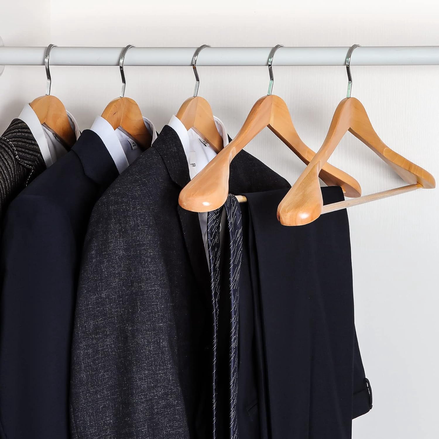 White Wooden Coat Hanger 6 Pack, Wood Suit Hangers,Glossy Finish with Extra-Wide Shoulder, Thicker White Hooks & Anti-Slip Bar,Suitable for Coat, Suit,Dress,Jacket,Heavy Cloth