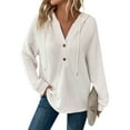 thumbnail image 2 of Kagetolytai Hoodies for Women Waffle Knit Long Sleeve Drawstring Button V Neck Casual Pullover Sweatshirt Hooded Tops White M, 2 of 7