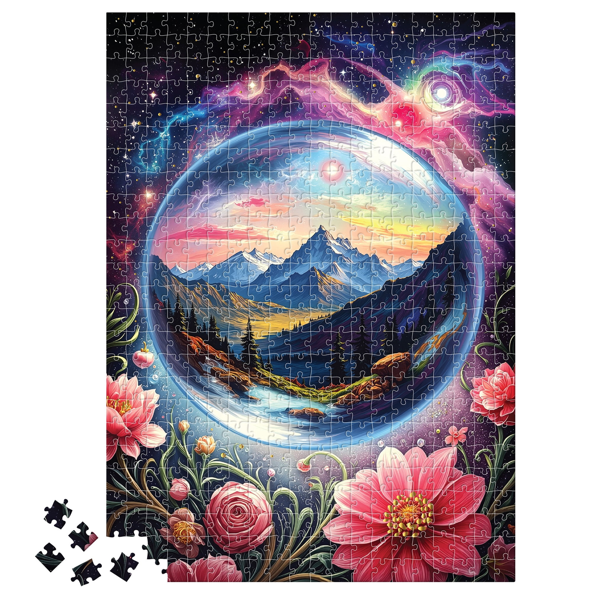 Brea Reese: 500 Piece Puzzle - Surreal Scene - Celestial Orb Framed Mountain Landscape, Adult Jigsaw, Metallic Foil, Snap-Fit, Image Reference Poster