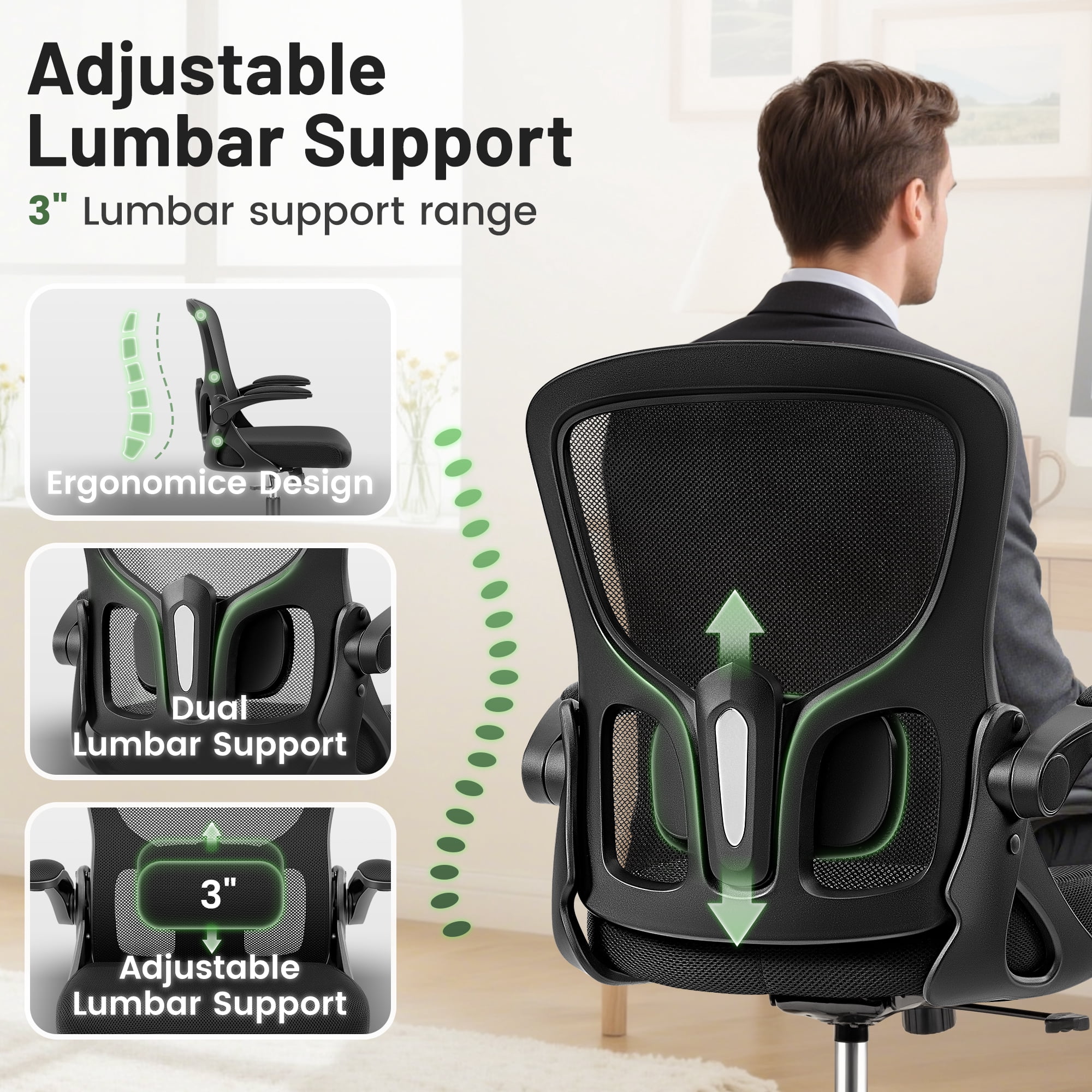 ATHOPE Office Chair, Ergonomic Desk Chairs 300LBS Capacity High Back Mesh Computer Chair with Flip-up Armrests, Comfy Work Chair with Adjustable Lumbar Support for Home Office, Black