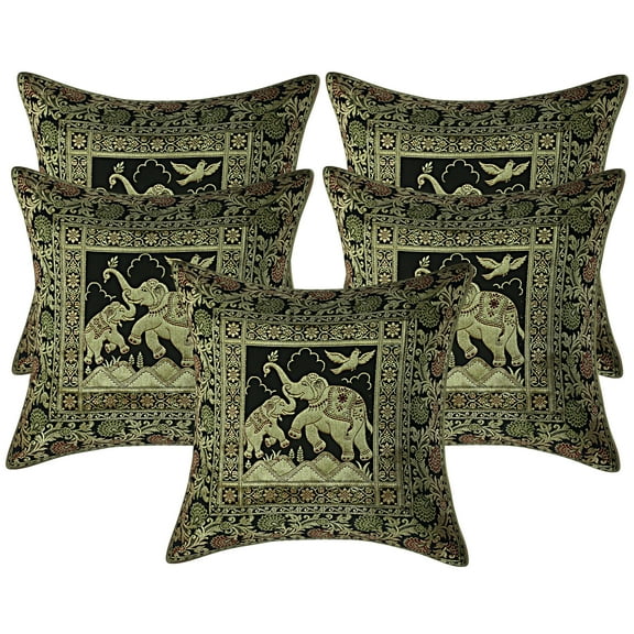 Stylo Culture Indian Chair Seat Throw Pillow Covers 16x16 Jacquard Black Traditional 40cm x 40cm Home Decor Brocade Elephant Zippered Square Cushion Covers | Set Of 5