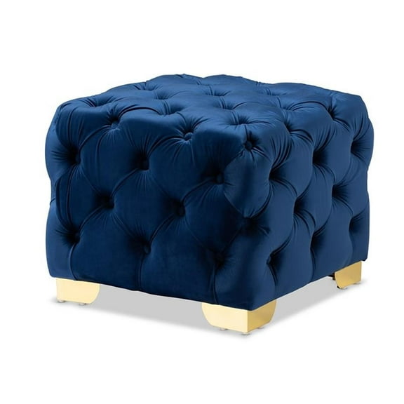 Bowery Hill Modern Tufted Velvet Ottoman in Royal Blue and Gold