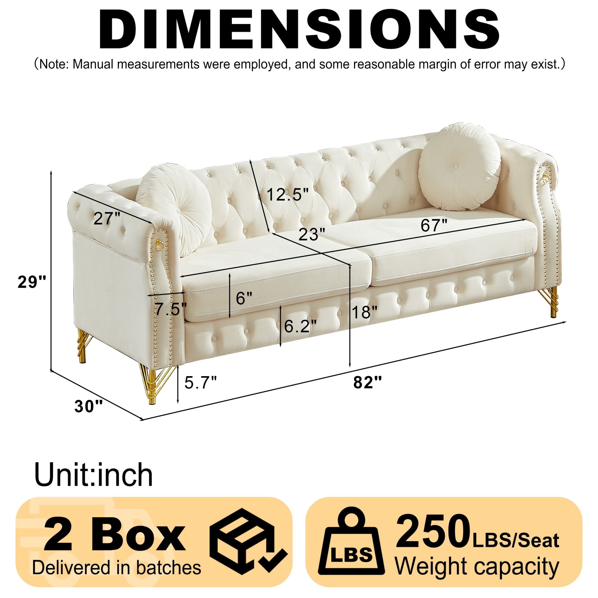 Sailvan 82" Velvet Chesterfield Sofa, Tufted 3-Seater Couch with Gold Metal Legs & Copper Studs, Luxury Living Room Furniture Beige