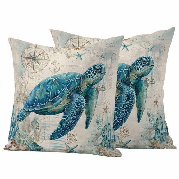 Outdoor Pillow Covers 26x26 Set of 2, Teal Sea Turtle Coastal Waterproof Patio Throw Pillow Covers for Couch Sofa Chair, Vintage Summer Beach Nautical Decorative Pillowcases for Throw Pillows