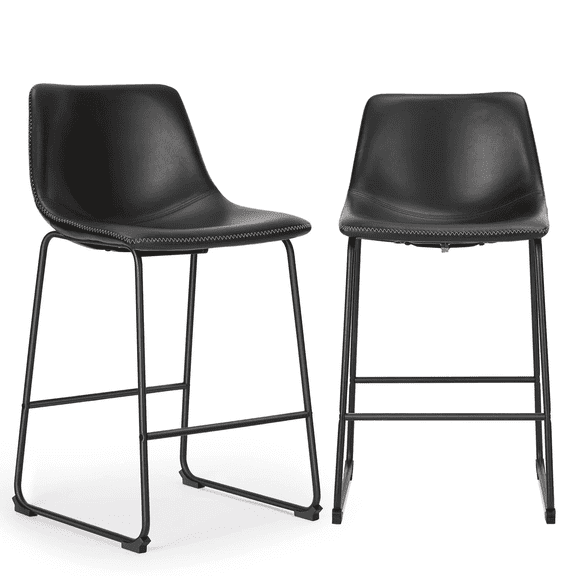 Black Metal Bar Stools Set of 2 - 26" Counter Height with Back Support and Footrest