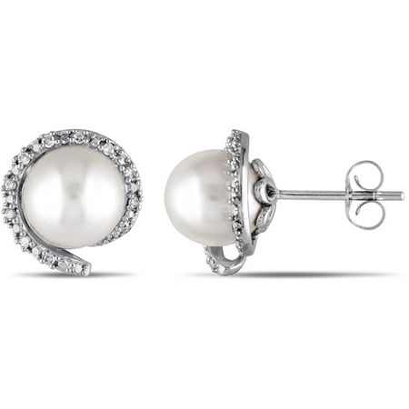 Miabella 8-8.5mm White Round Cultured Freshwater Pearl and Diamond-Accent 10kt White Gold Stud Earrings