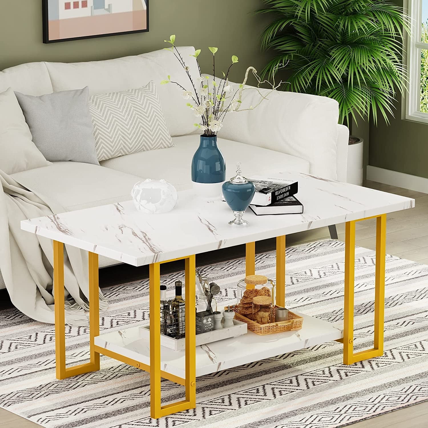 MIERES Coffee Table, Modern Faux Marble Top Coffee Table with Metal Frame and Storage Shelf, 2-Tier Rectangle Accent Cocktail Table for Living Room, Office, White Gold