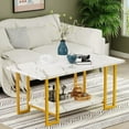 thumbnail image 2 of MIERES Coffee Table, Modern Faux Marble Top Coffee Table with Metal Frame and Storage Shelf, 2-Tier Rectangle Accent Cocktail Table for Living Room, Office, White Gold, 2 of 7