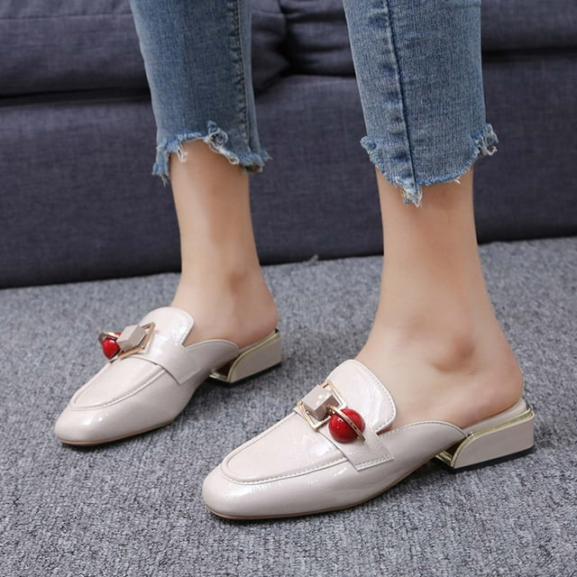 Mulas planas para mujer, mocasines sin espalda con punta cuadrada, sandalias deslizantes con cadena de metal Wmkox8yii ytu3892