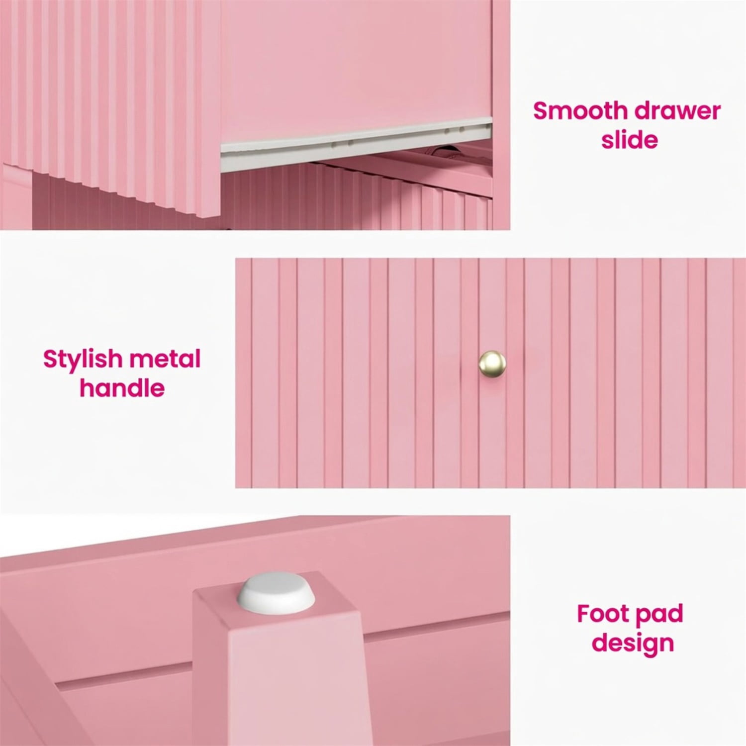 Hommoo 32"W Wooden Fluted 3-Drawer Nightstand, Large Modern Bedroom End Table, Pink