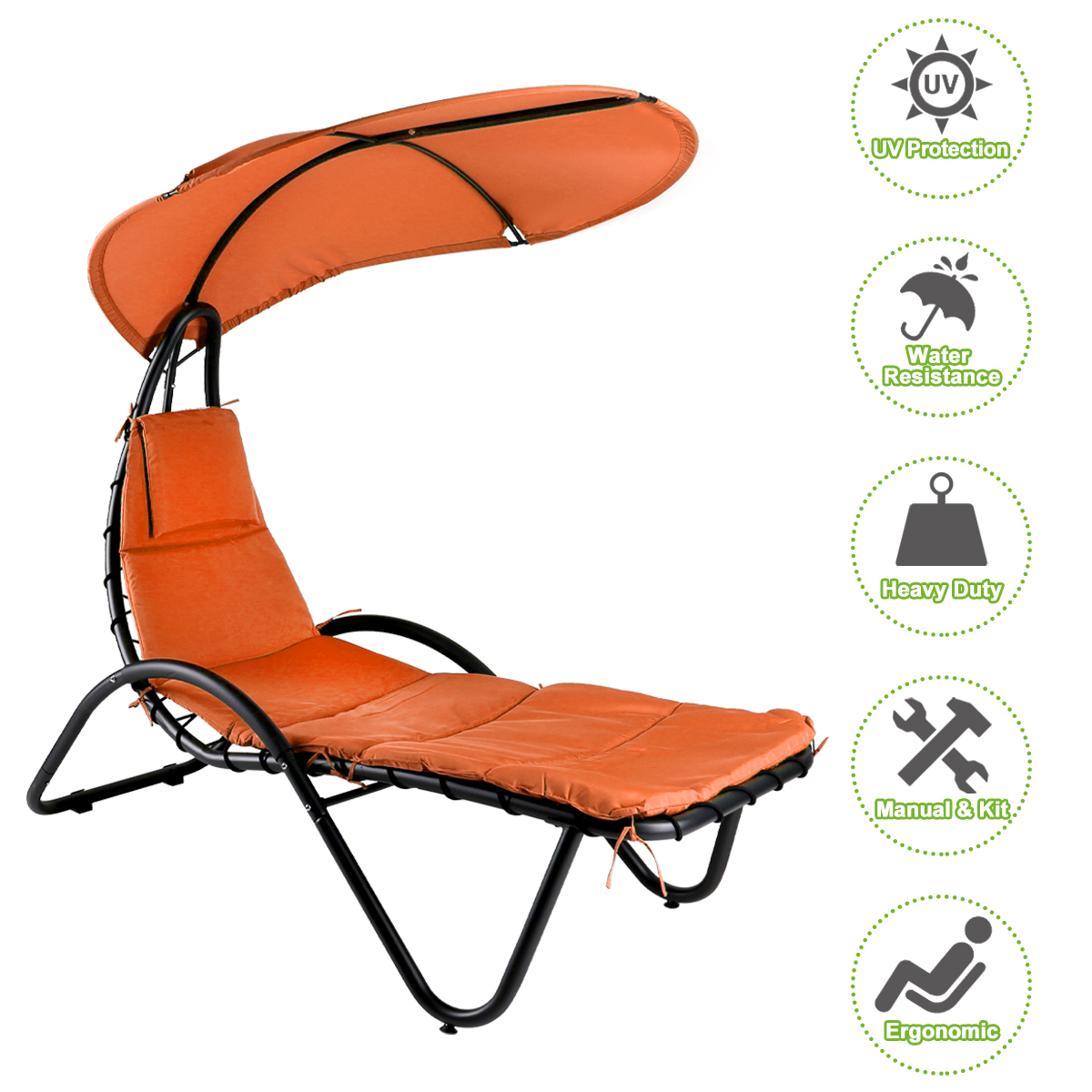 Hanging Chaise Lounger Chair Patio Porch Arc Swing Hammock Chair Canopy Outdoor [Orange] - image 3 of 8