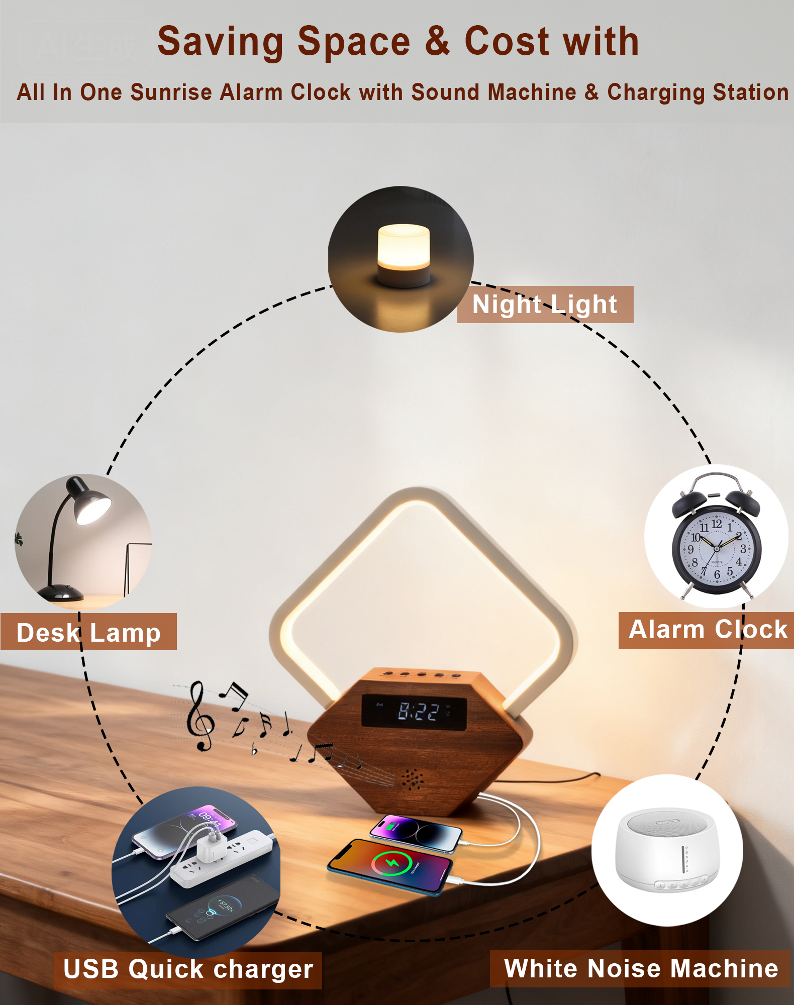 Sunrise Alarm Clock with White Noise Sound Machine, Wake Up Light for Bedrooms Heavy Sleepers Adults,Rain Thunderstorm Ocean Sleep Sounds,Bedside Lamps with Fast Charger USB C,Gift for Kid Baby