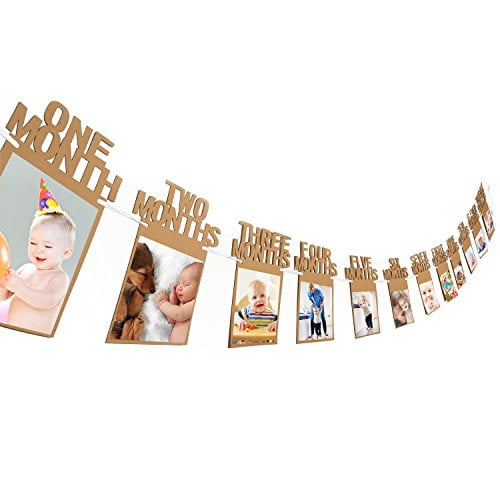 Blue Hifot 1st Birthday Photo Banner with High Chair Glitter Gold ONE Decoration Monthly Milestone Baby Photo Bunting for Newborn to 12 months First Birthday Decor Set 