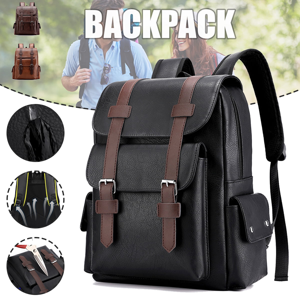 Men PU Leather Backpack Large Capacity Two Tone Travel Bag Rucksack 