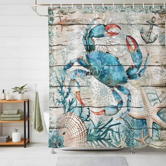 Shower Curtains for Bathroom, Teal Crab Coastal Waterproof Fabric Shower Curtain, Summer Beach Nautical Starfish Retro Decorative Bathroom Curtain for Bathtub, 36"x72", No Hooks Included
