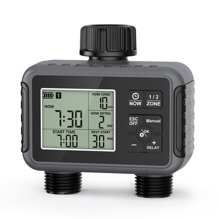 YAFABROO 2-Zone Sprinkler Timer, Dual Outlet Automatic Water Controller for Garden Lawn