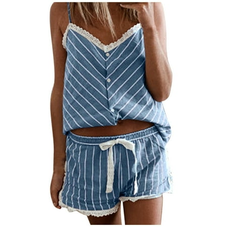 

HHei_K Women Print Pajamas Sleeveless Lace Cami Shorts Lingerie Sleepwear Set