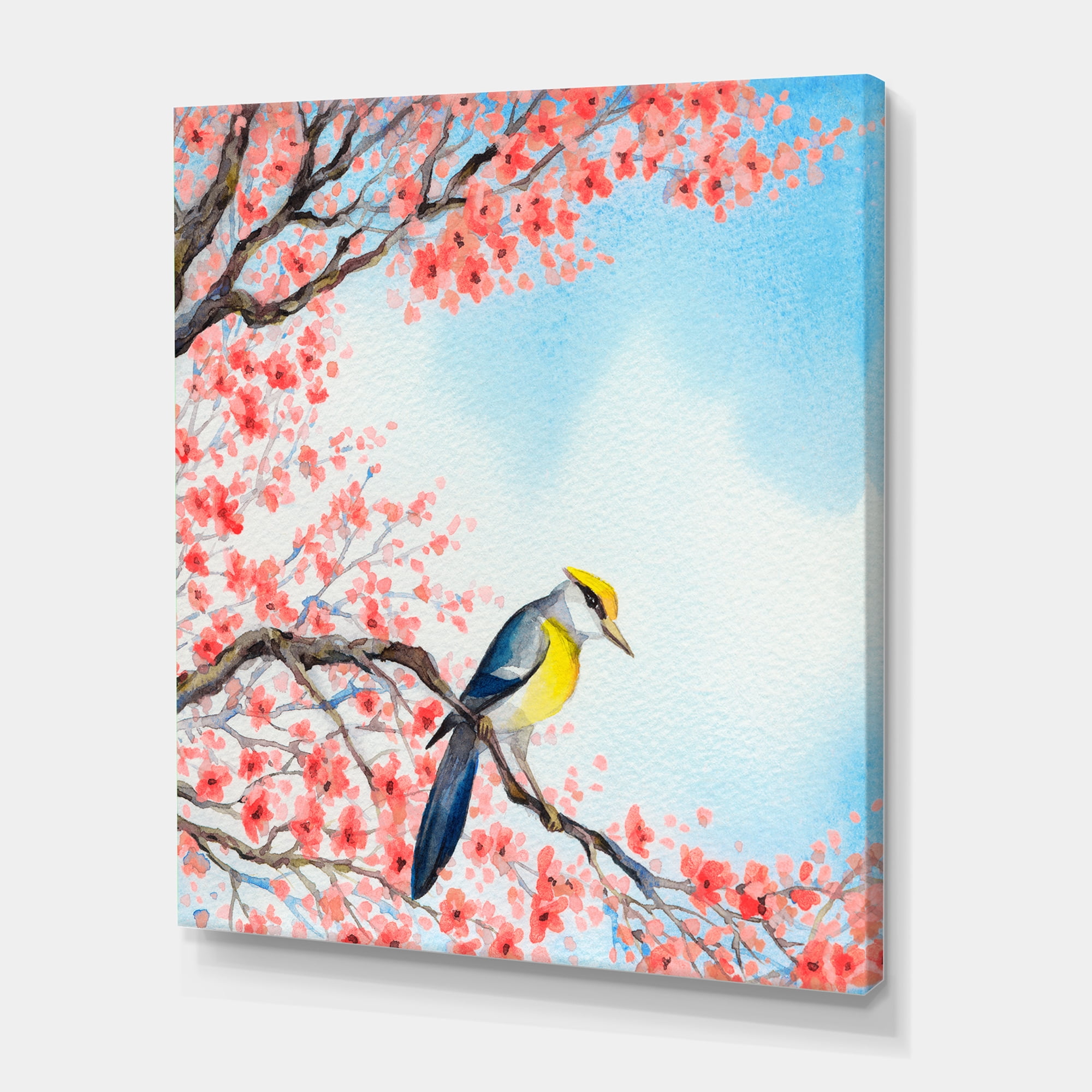 Designart ' Beautiful Red Bird Sitting On Flowering Branch I ' Traditional Canvas Wall Art Print